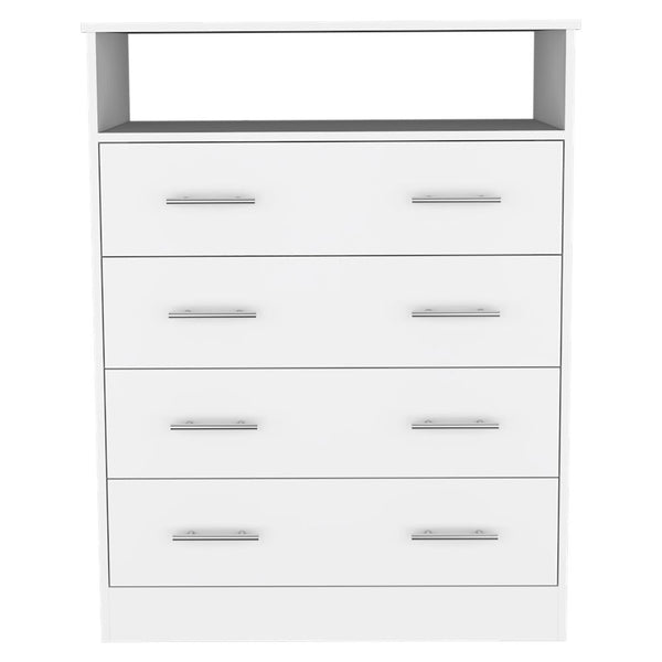 English Elm Four Drawer Dresser Wuju White - Durable Particle Board, 4 Spacious Drawers, Open Shelf, Metal Hardware, 47"L x 21"W B092S00111
