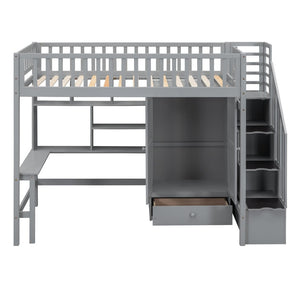 English Elm Twin Loft Bed with Integrated Desk Wardrobe Bookshelf and Storage for Kids Rooms Gray LT100668AAE