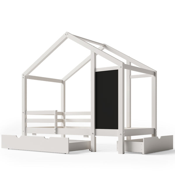 English Elm Twin House Bed with Chalkboard, Built-In Drawers & 350lb Capacity, Pine/Plywood Twin Loft Style AA20571415W