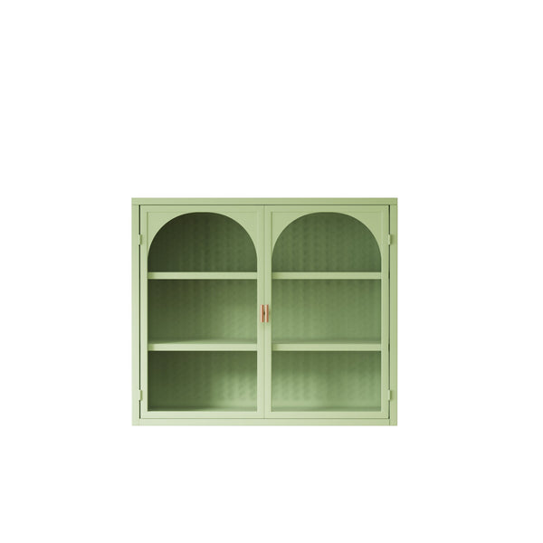 English Elm 27.56"Glass Modern Two-Door Wall Cabinet Green with Tempered Glass, Three-Tier Storage & Woven Detail W757135228