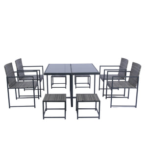 English Elm 9 Patio Dining Set - Space-Saving Rattan Outdoor 9-Piece with Glass Top, Grey Wicker & Cushions W329S00041