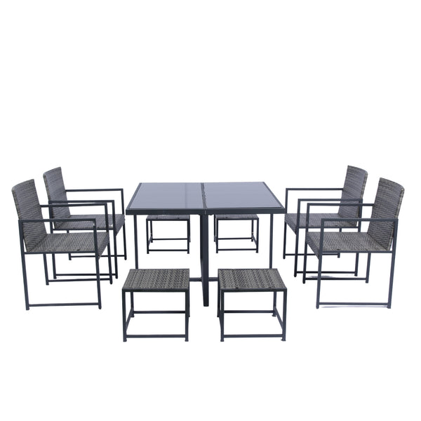 English Elm 9 Patio Dining Set - Space-Saving Rattan Outdoor 9-Piece with Glass Top, Grey Wicker & Cushions W329S00041