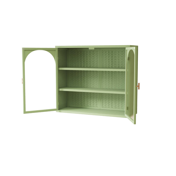 English Elm 27.56"Glass Modern Two-Door Wall Cabinet Green with Tempered Glass, Three-Tier Storage & Woven Detail W757135228
