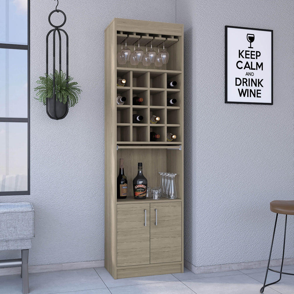 English Elm Bar Cabinet Atanasio Light Pine Beige – 16 Wine Cubbies, Glass Rack, Flexible Shelf, Durable Particleboard B092S00013