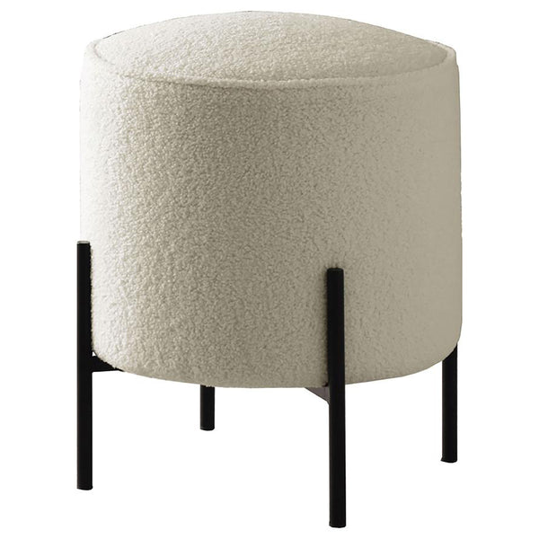 English Elm Beige Round Upholstered Ottoman with Faux Sheepskin, Thick Welt Trim & Matte Black Metal Base — Boho Chic Seat B062P145506
