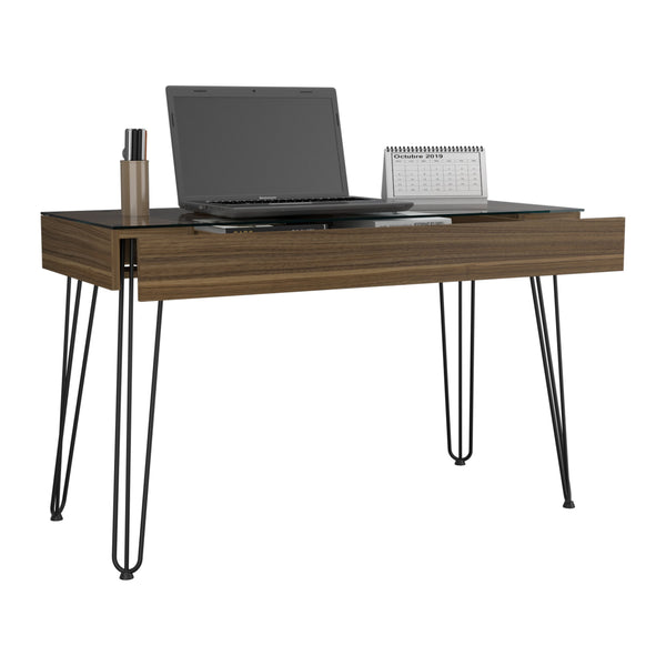 English Elm 120 Drawer Desk Rolo Mahogany - Industrial Office Desk with Glass Top, Metal Legs & Spacious Drawer (55x28) B092S00115