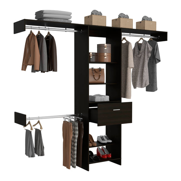 English Elm 250 Closet System British Black - Durable Particle Board Wardrobe with 1 Drawer, 3 Rods, 5 Shelves, 99.7" Top B092S00024