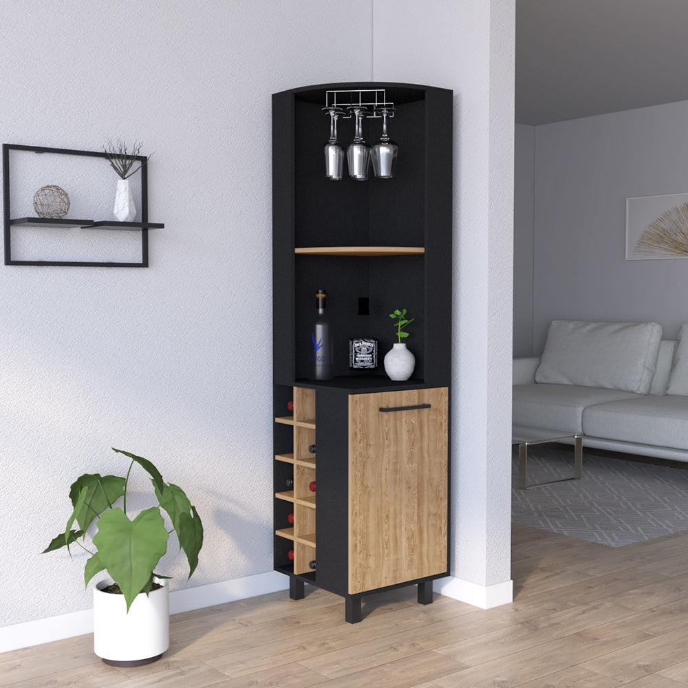 English Elm Corner Bar Cabinet Cleveland - Stylish Black/Pine Corner Wine Rack with Cup Holder, Shelves, Durable B092S00040