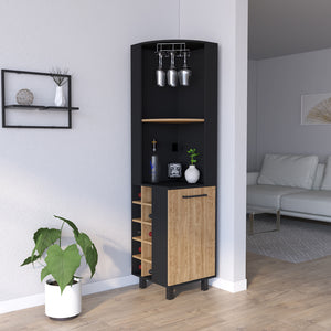 English Elm Corner Bar Cabinet Cleveland - Stylish Black/Pine Corner Wine Rack with Cup Holder, Shelves, Durable B092S00040