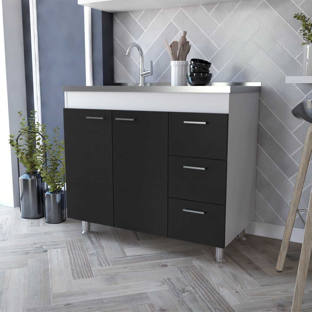 English Elm Utility Sink Cabinet Freestanding Stainless Steel Basin White Farmhouse Storage B092S00067