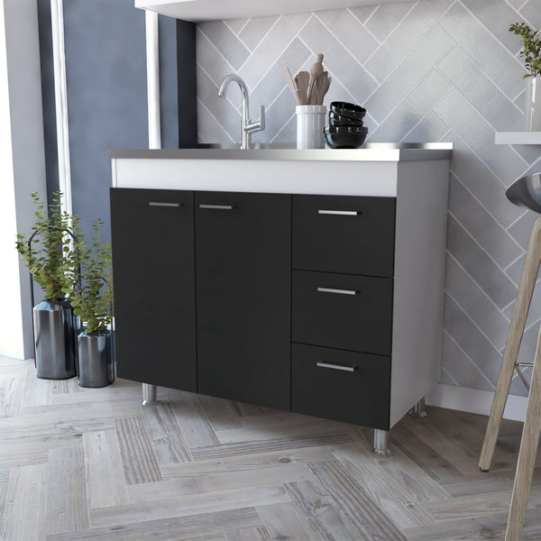 English Elm Utility Sink Cabinet Freestanding Stainless Steel Basin White Farmhouse Storage B092S00067