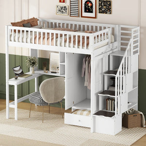 English Elm Twin Loft Bed with Integrated Desk Wardrobe Bookshelf and Storage for Kids Rooms LT100668AAK