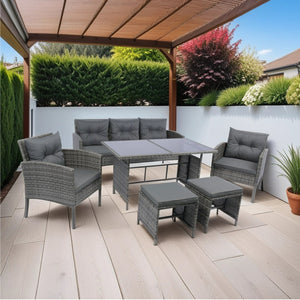English Elm 6 Piece Patio Wicker Sectional Set with Space-Saving Nesting Design, Steel Frame, Tempered Glass Table and Weatherproof Cushions Grey W329S00042