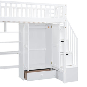 English Elm Twin Loft Bed with Integrated Desk Wardrobe Bookshelf and Storage for Kids Rooms LT100668AAK