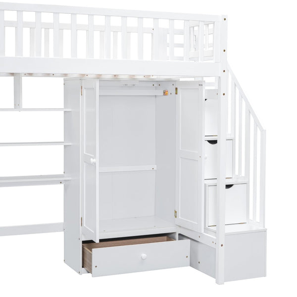 English Elm Twin Loft Bed with Integrated Desk Wardrobe Bookshelf and Storage for Kids Rooms LT100668AAK