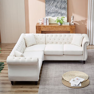 English Elm 83.5-inch L-shaped Sectional Sofa Five Seat Corner Couch with Chesterfield Inspired Style Beige W834S00601