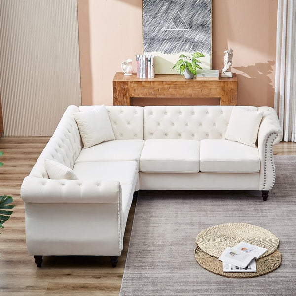 English Elm 83.5-inch L-shaped Sectional Sofa Five Seat Corner Couch with Chesterfield Inspired Style Beige W834S00601
