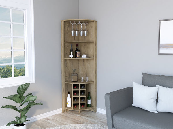 English Elm Corner Bar Cabinet Castle Aged Oak Corner Wine Storage with Cup Rack, 8 Cubbies, Shelves, Durable 디자인 B092S00037