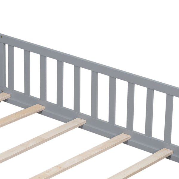 English Elm Full Full Size Floor Platform Bed with Safety Fence and Door, Montessori Toddler Frame with Slats, Sturdy Pine Construction for Secure Sleep and Playtime Grey 77.76 L x 17.52 W x 6.3 H W1716132148