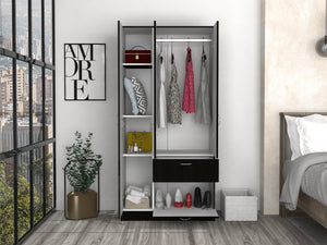 English Elm Armoire Cobra Modern White & Black Bedroom Wardrobe with Hanging Rod, Drawer & Pull-Down Cabinet B092S00041