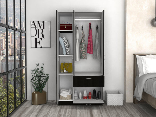 English Elm Armoire Cobra Modern White & Black Bedroom Wardrobe with Hanging Rod, Drawer & Pull-Down Cabinet B092S00041