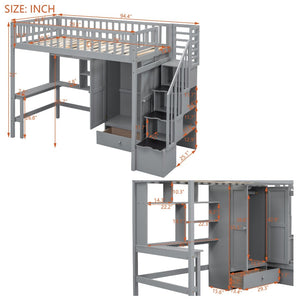 English Elm Twin Loft Bed with Integrated Desk Wardrobe Bookshelf and Storage for Kids Rooms Gray LT100668AAE