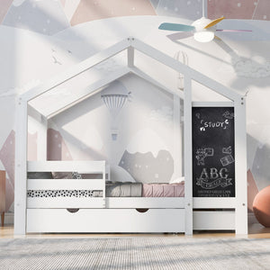 English Elm Full Full House Bed with Blackboard & Storage Drawers, Pine/Plywood, 550lb Capacity, White Finish AA20571617W