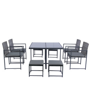 English Elm 9 Patio Dining Set - Space-Saving Rattan Outdoor 9-Piece with Glass Top, Grey Wicker & Cushions W329S00041