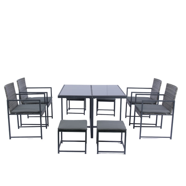 English Elm 9 Patio Dining Set - Space-Saving Rattan Outdoor 9-Piece with Glass Top, Grey Wicker & Cushions W329S00041
