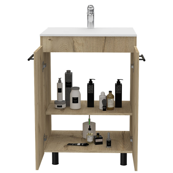 English Elm Floor Cabinet Oxnard Light Oak with Drop-In High-Resistance Resin Sink 23.8" Wide, Durable Design B092S00097
