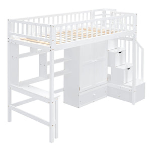 English Elm Twin Loft Bed with Integrated Desk Wardrobe Bookshelf and Storage for Kids Rooms LT100668AAK