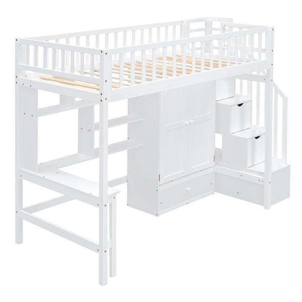 English Elm Twin Loft Bed with Integrated Desk Wardrobe Bookshelf and Storage for Kids Rooms LT100668AAK