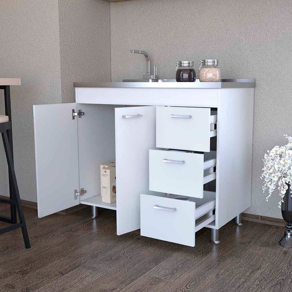 English Elm Utility Sink Cabinet Freestanding Stainless Steel Basin White Farmhouse Storage B092S00066