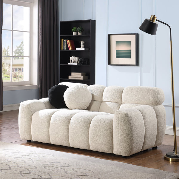 English Elm 64.96 Plush Beige Bouclé 2-Seater Marshmallow Sofa for Small Spaces | Curved Modern Compact Comfort W1099S00090