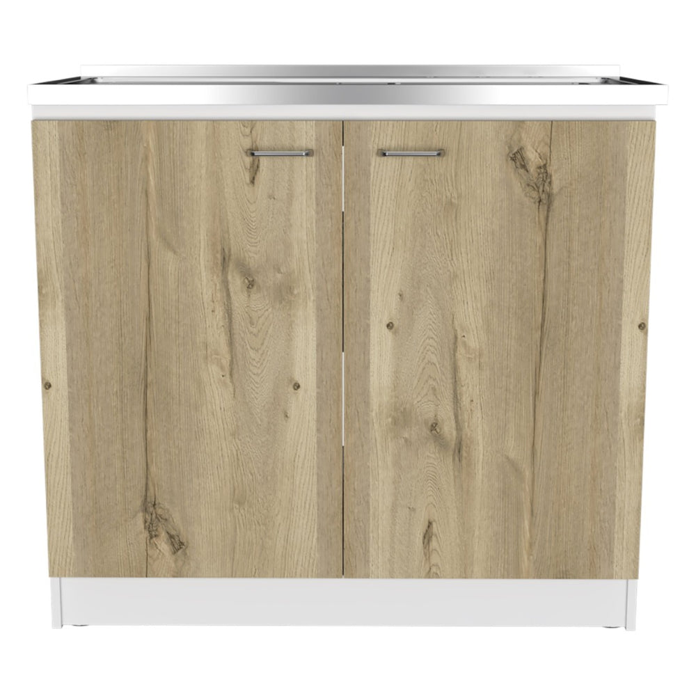 English Elm Utility Sink Cabinet Freestanding Stainless Steel Basin White Farmhouse Storage B092S00033