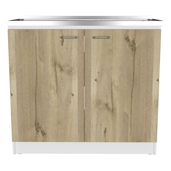 English Elm Utility Sink Cabinet Freestanding Stainless Steel Basin White Farmhouse Storage B092S00033