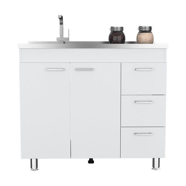 English Elm Utility Sink Cabinet Freestanding Stainless Steel Basin White Farmhouse Storage B092S00066