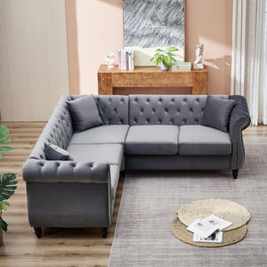 English Elm 83.5-inch L-shaped Sectional Sofa Five Seat Corner Couch with Chesterfield Inspired Style Gray W834S00602