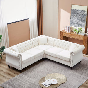 English Elm 83.5-inch L-shaped Sectional Sofa Five Seat Corner Couch with Chesterfield Inspired Style Beige W834S00601