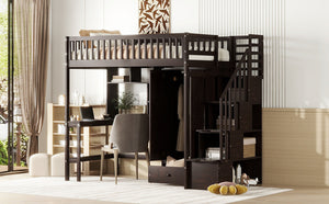 English Elm Twin Loft Bed with Integrated Desk Wardrobe Bookshelf and Storage for Kids Rooms Espresso LT100668AAP