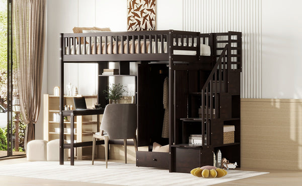 English Elm Twin Loft Bed with Integrated Desk Wardrobe Bookshelf and Storage for Kids Rooms Espresso LT100668AAP