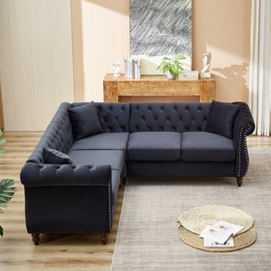 English Elm 83.5-inch L-shaped Sectional Sofa Five Seat Corner Couch with Chesterfield Inspired Style Black W834S00603