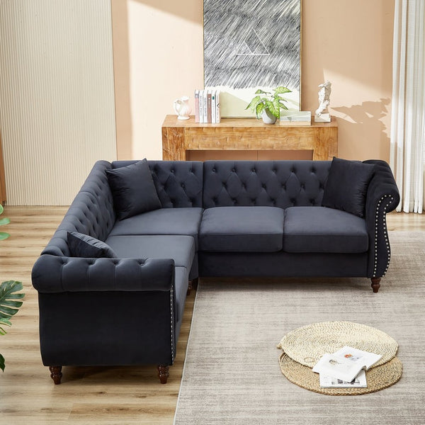 English Elm 83.5-inch L-shaped Sectional Sofa Five Seat Corner Couch with Chesterfield Inspired Style Black W834S00603