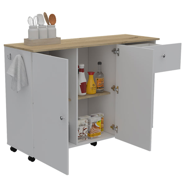 English Elm Kitchen Island Cart Indiana White & Light Oak — Narrow 53"x18" Counter, Open Shelves, Towel Bars, Locking Casters for Mobile Durability B092S00063