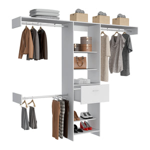 English Elm 250 Closet System British White Bedroom Organizer with Drawer, 3 Rods & 5 Shelves — Durable Particleboard B092S00028