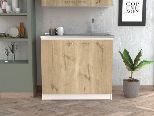 English Elm Utility Sink Cabinet Freestanding Stainless Steel Basin White Farmhouse Storage B092S00033