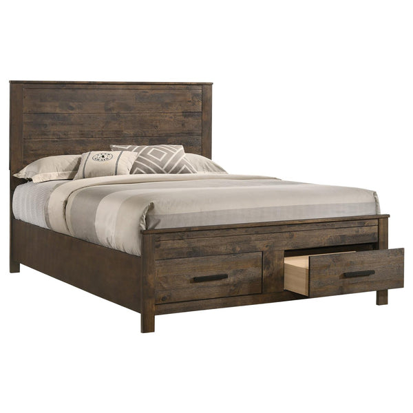 English Elm Rustic Golden Brown Queen Platform Storage Bed with Plank Headboard, 2 Drawers, Solid Hardwood Craftsmanship B062S00265