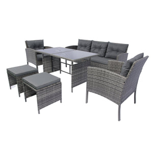 English Elm 6 Piece Patio Wicker Sectional Set with Space-Saving Nesting Design, Steel Frame, Tempered Glass Table and Weatherproof Cushions Grey W329S00042