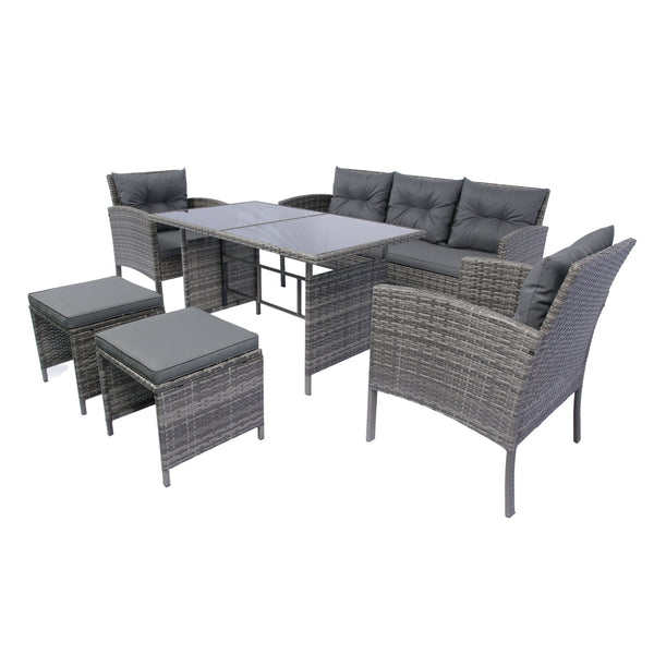 English Elm 6 Piece Patio Wicker Sectional Set with Space-Saving Nesting Design, Steel Frame, Tempered Glass Table and Weatherproof Cushions Grey W329S00042