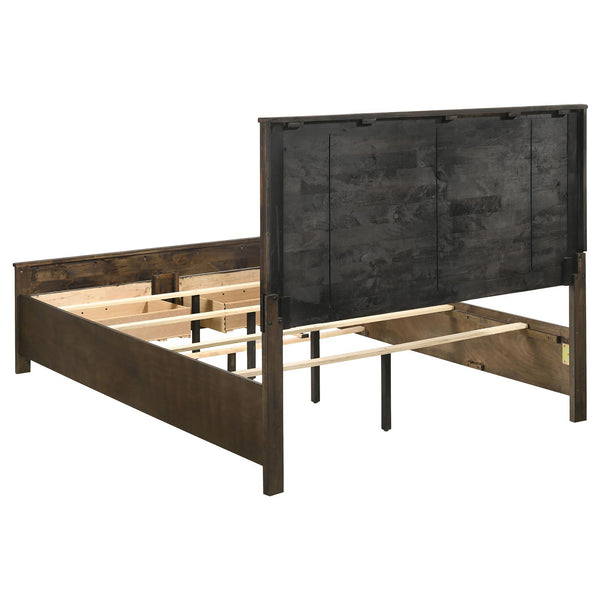 English Elm Rustic Golden Brown Queen Platform Storage Bed with Plank Headboard, 2 Drawers, Solid Hardwood Craftsmanship B062S00265